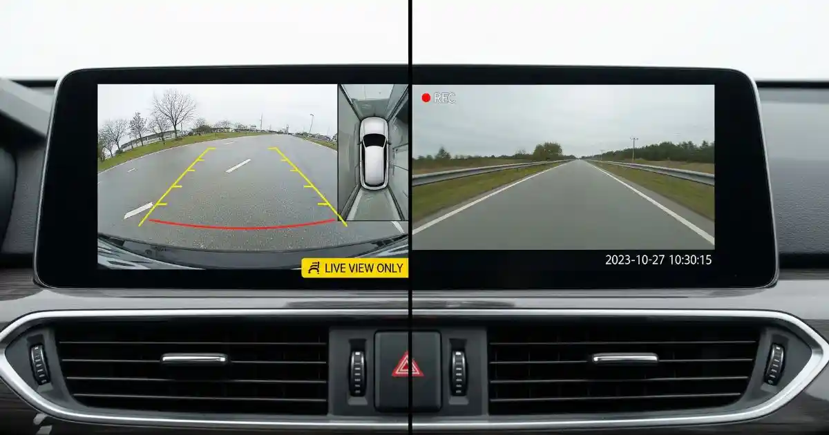 split-screen image displayed on a car's dashboard. The left side shows a backup camera's live view with yellow and red guidelines and a "LIVE VIEW ONLY" label. The right side shows a dash cam's view of the road ahead with a "REC" icon and a timestamp, indicating continuous recording.