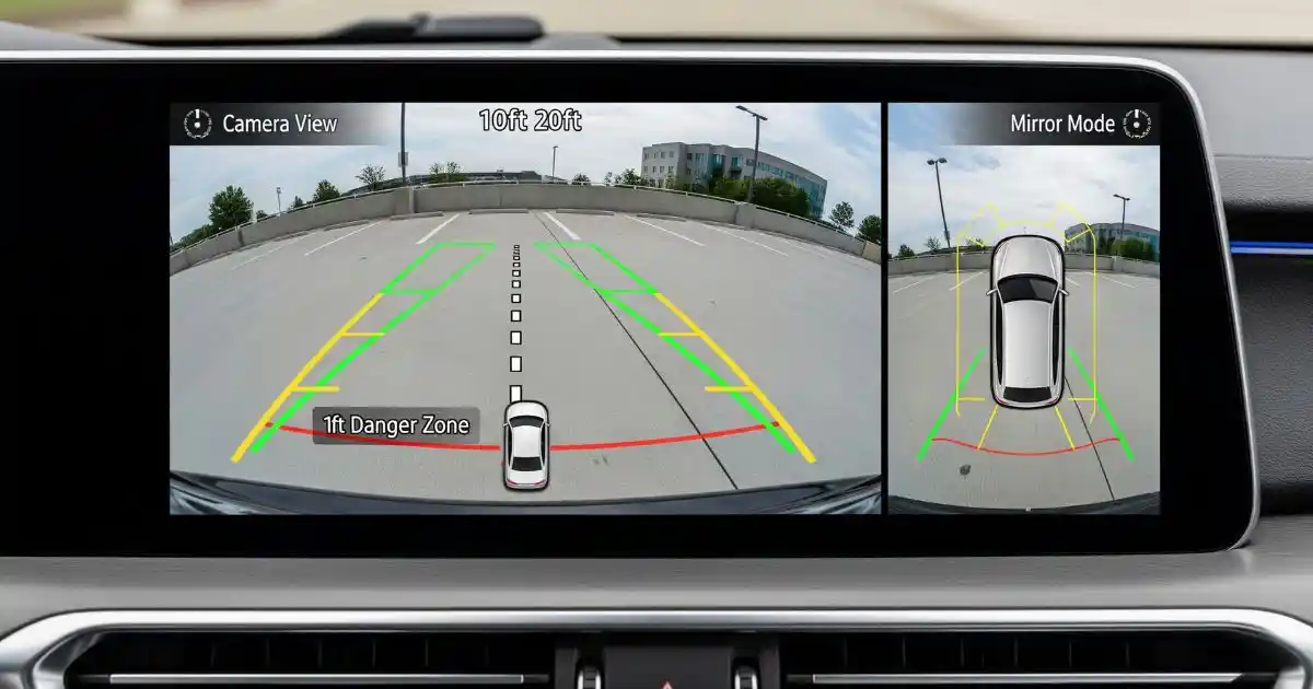 A car's screen illustrating the rear visibility requirements of the FMVSS No. 111, with a split view for a backup camera and a smart rearview mirror.