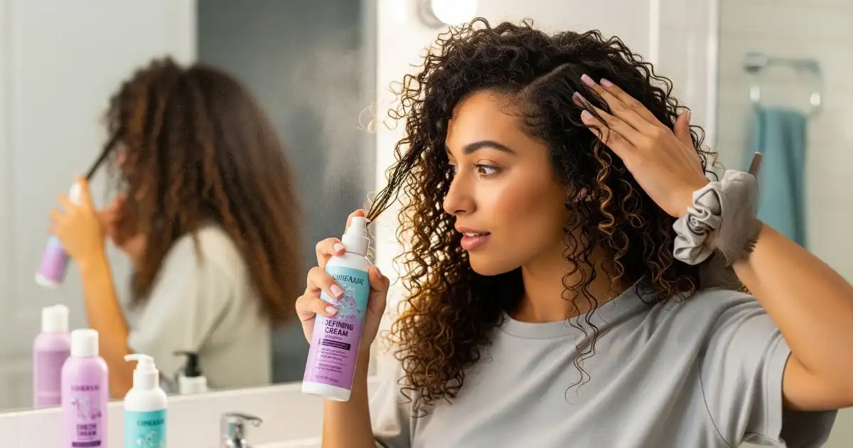A young woman with beautiful, defined curly hair is in a bathroom, applying a curl-defining cream from a bottle to her hair. A comb and other hair products are visible, with her reflection in the mirror behind her.