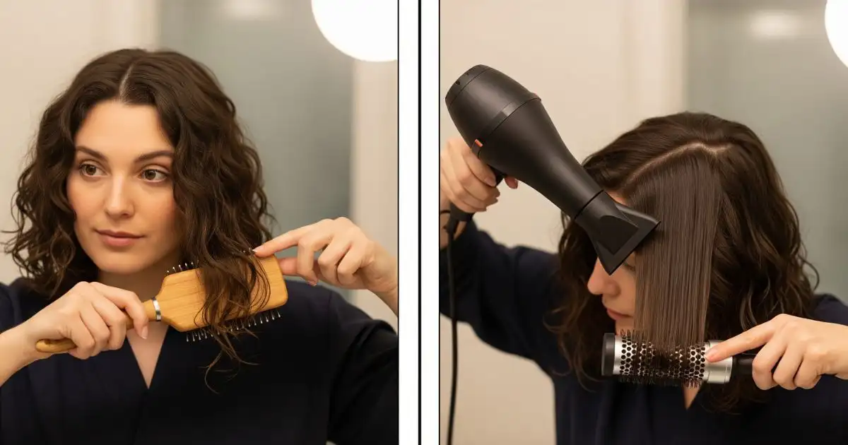 A two-panel image shows a person with wavy to curly hair. The left panel shows them brushing their hair with a wooden brush. The right panel shows them using a blow-dryer with a round brush to style and smooth a section of their hair.