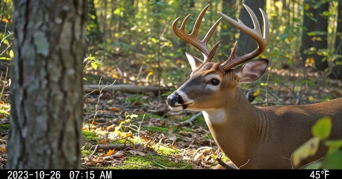 A trail camera mounted on a tree captures an image of a white-tailed buck in a forest setting, showcasing its alert posture and antlers.