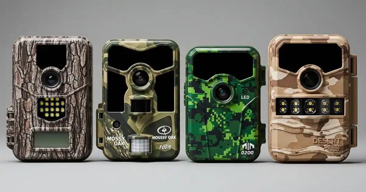 Four different trail cameras with unique camouflage patterns, showcasing their design and features for various outdoor uses.