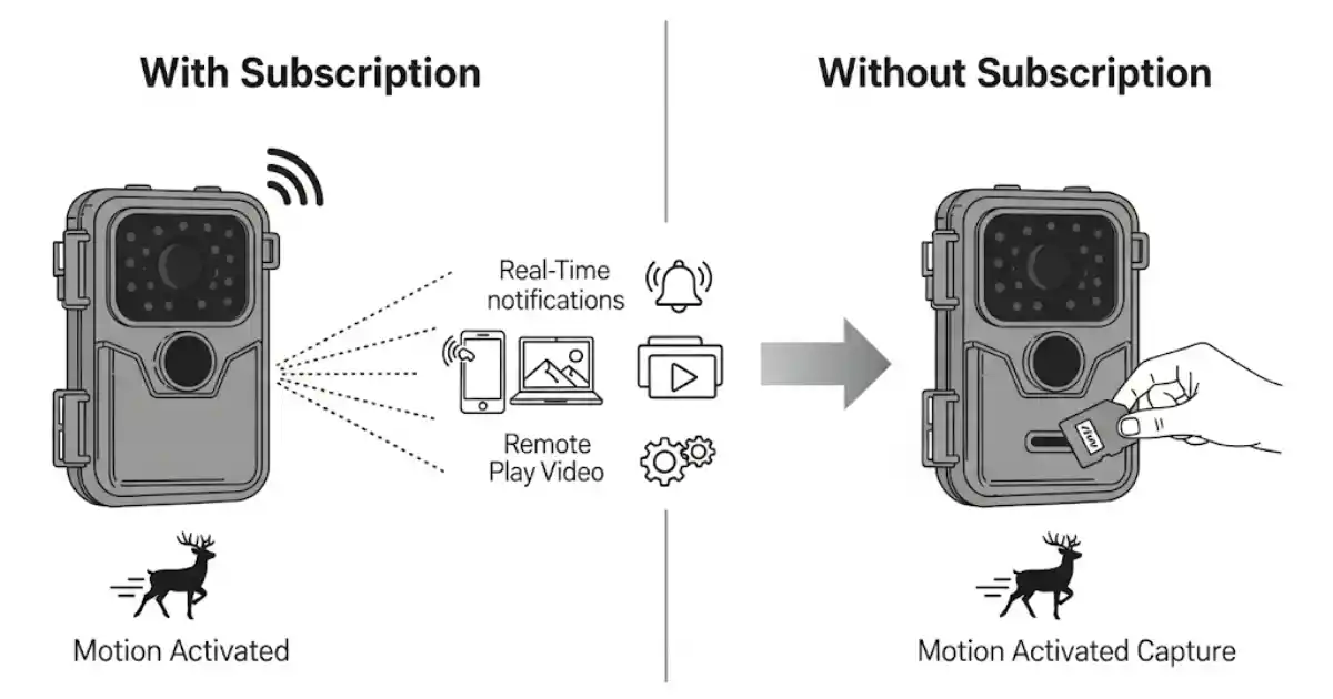 A comparison image showing the difference between using a cellular trail camera with and without a subscription. On the left, with a subscription, the camera sends real-time notifications, and allows for remote viewing of photos and videos. On the right, without a subscription, the camera captures motion-activated images but requires manual retrieval from an SD card.