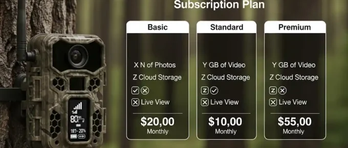 An image displaying a cellular trail camera mounted on a tree, next to three different subscription plans: Basic, Standard, and Premium, which show varying features and monthly prices.