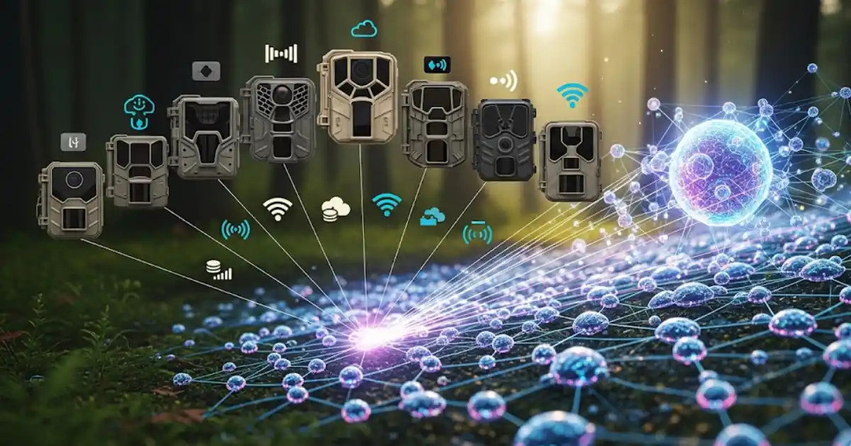 An artistic depiction of multiple cellular trail cameras connected to a complex network of light and data streams, representing a comparison of different brands and their features.