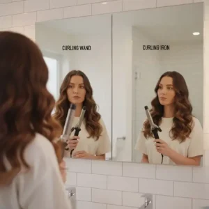 A woman with wavy brown hair looks at her reflection in a bathroom mirror. The reflection is split into two, with "CURLING WAND" labeled above the left side where she holds a curling wand, and "CURLING IRON" labeled above the right side where she holds a curling iron. Below the reflection, icons of both tools with a question mark in between visually represent the choice a user needs to make.