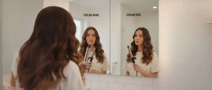 A woman with wavy brown hair looks at her reflection in a bathroom mirror. The reflection is split into two, with "CURLING WAND" labeled above the left side where she holds a curling wand, and "CURLING IRON" labeled above the right side where she holds a curling iron. Below the reflection, icons of both tools with a question mark in between visually represent the choice a user needs to make.