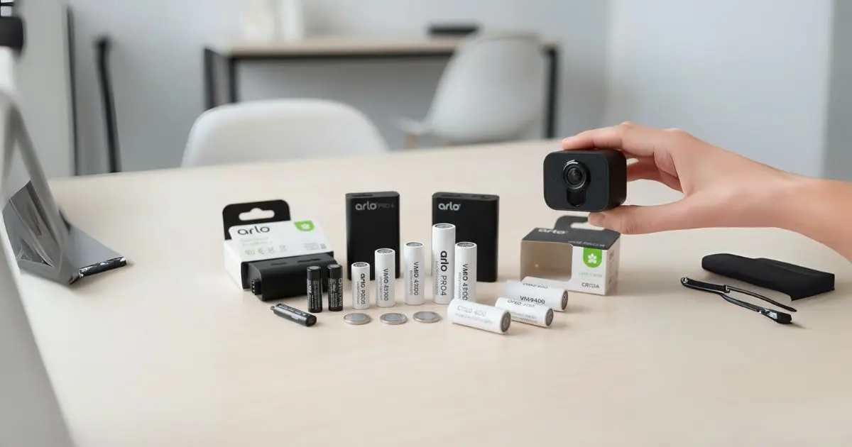 A hand holding an Arlo camera, with various types of Arlo-compatible batteries and charging accessories displayed on a table.
