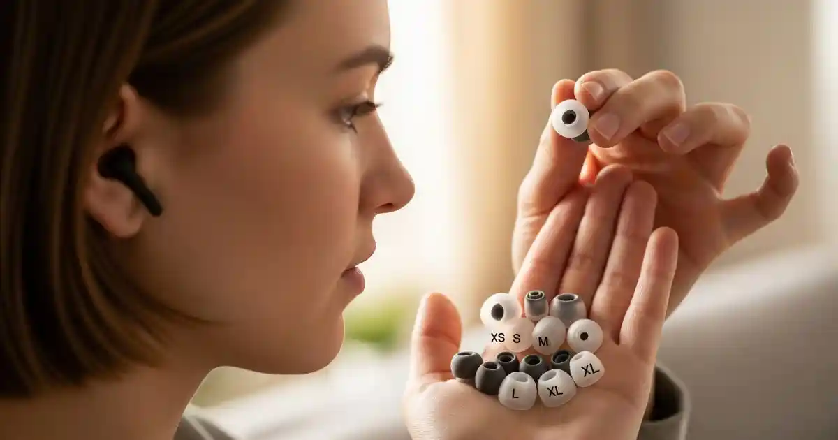 A person holds a variety of different-sized earbud tips—ranging from XS to XL—in their palm, as they look at one closely to determine the best fit for their ear.