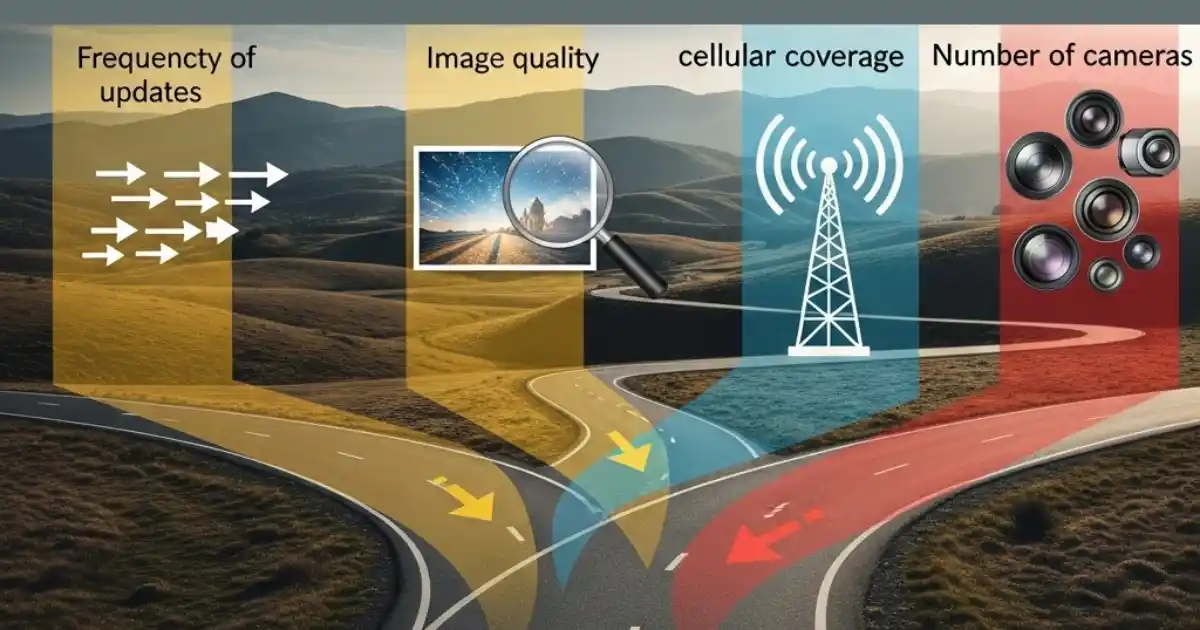 An infographic showing four different paths diverging from a main road, representing the factors to consider when choosing a cellular trail camera plan: frequency of updates, image quality, cellular coverage, and the number of cameras.