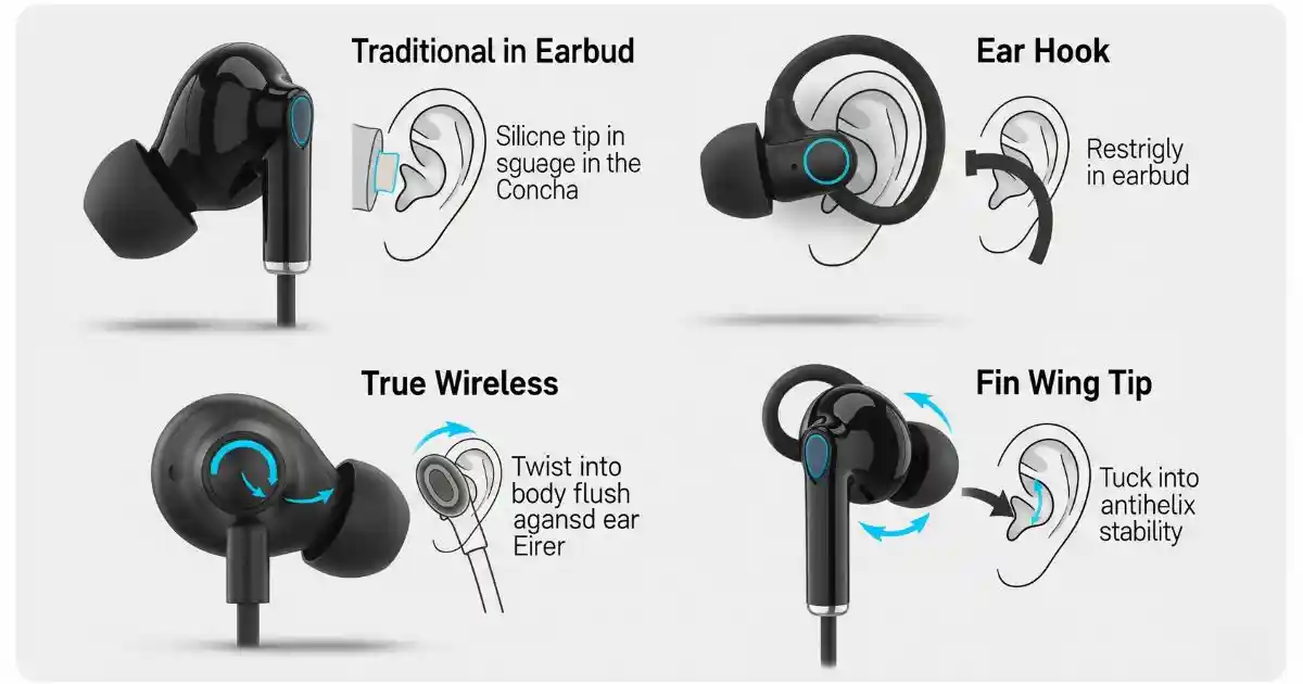 A clear illustration with four diagrams showing how to wear different types of earbuds correctly. The diagrams show a Traditional in-ear earbud, an Ear Hook earbud, a True Wireless earbud, and a Fin Wing Tip earbud. Each type has a smaller diagram demonstrating the correct fit in the ear.