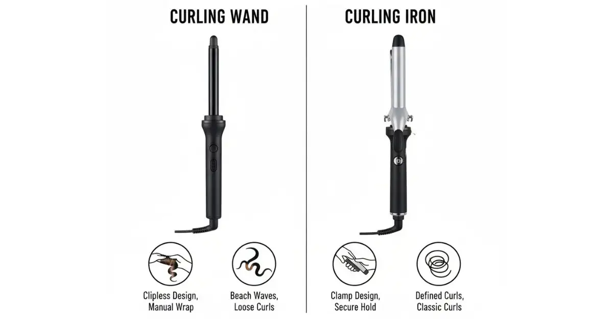 A side-by-side comparison infographic showing a black curling wand on the left and a silver and black curling iron on the right. Below each tool are icons and text highlighting their main differences: for the curling wand, "Clipless Design, Manual Wrap" and "Beach Waves, Loose Curls"; for the curling iron, "Clamp Design, Secure Hold" and "Defined Curls, Classic Curls." The image clearly illustrates the functional distinctions between the two styling tools.