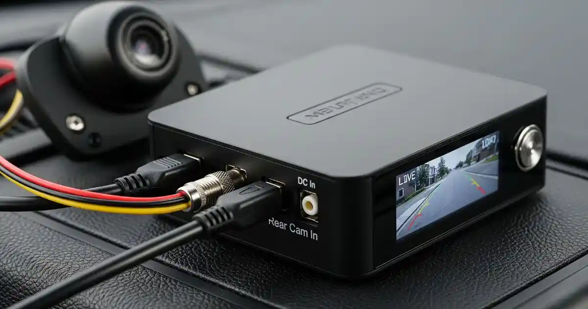 small, black digital video recorder (DVR) unit with multiple cables connected to it. One cable leads to a circular rear camera, and another is for power. The DVR's small screen shows a live feed of the street behind a car.
