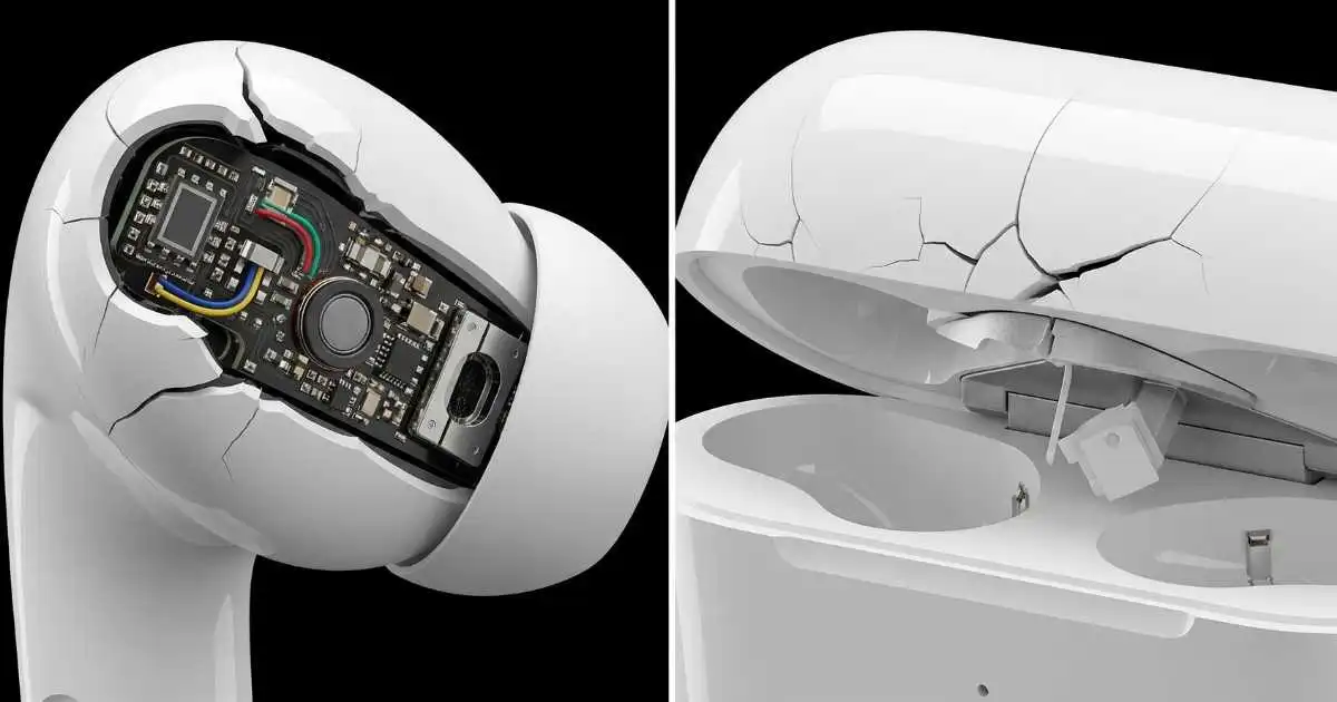 A split-screen image showing two types of damage: on the left, a cracked AirPod earbud with exposed internal components; on the right, a damaged AirPods charging case with a broken hinge and cracks on the lid.