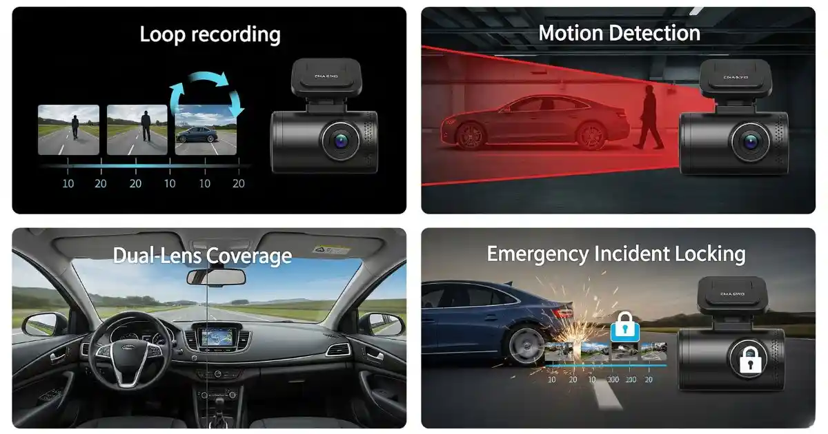 four-panel diagram illustrating key dash cam features. Do Backup Cameras Record. The top-left panel shows a timeline with a circular arrow, representing loop recording. The top-right panel depicts motion detection with a person walking past a parked car. The bottom-left panel shows a split view of a car's interior from the front and rear cameras, illustrating dual-lens coverage. The bottom-right panel shows a car braking suddenly with a padlock icon, representing emergency incident locking.