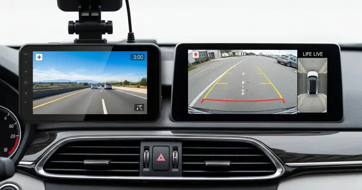 A car's dashboard shows a side-by-side view of a dash cam screen and a backup camera screen. The dash cam on the left shows the road ahead with a recording timer, while the backup camera on the right displays the live view behind the car with parking guidelines.