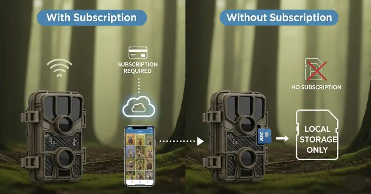 An image showing the difference between using a cellular trail camera with and without a subscription. With a subscription, a credit card icon is shown, and the images are sent to a cloud and viewable on a mobile app. Without a subscription, a no-subscription icon is displayed, and it's for local storage only on an SD card.