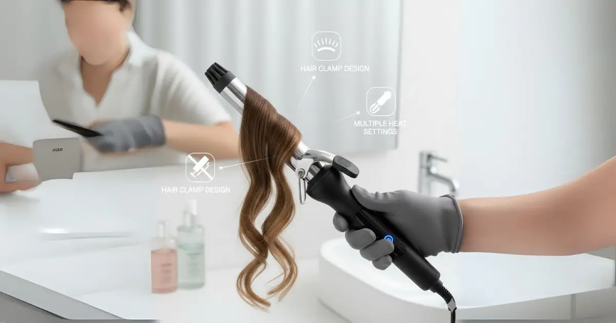 A close-up shot of a gloved hand holding a black and silver curling iron with a section of brown hair clamped around the barrel. Graphic icons point to key features: a stylized clamp icon for "Hair Clamp Design" and a thermometer-like icon for "Multiple Heat Settings." The image visually explains the characteristics of a curling iron.