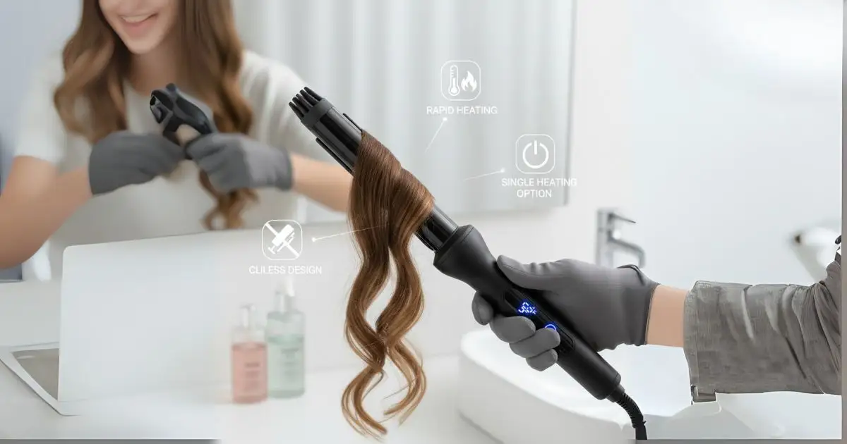A close-up shot of a gloved hand holding a black curling wand with a section of brown hair wrapped around it. Graphic icons point to key features: a flame icon for "Rapid Heating," a power button icon for "Single Heating Option," and a crossed-out clip icon for "Clipless Design." The image illustrates the practical aspects of using a curling wand.