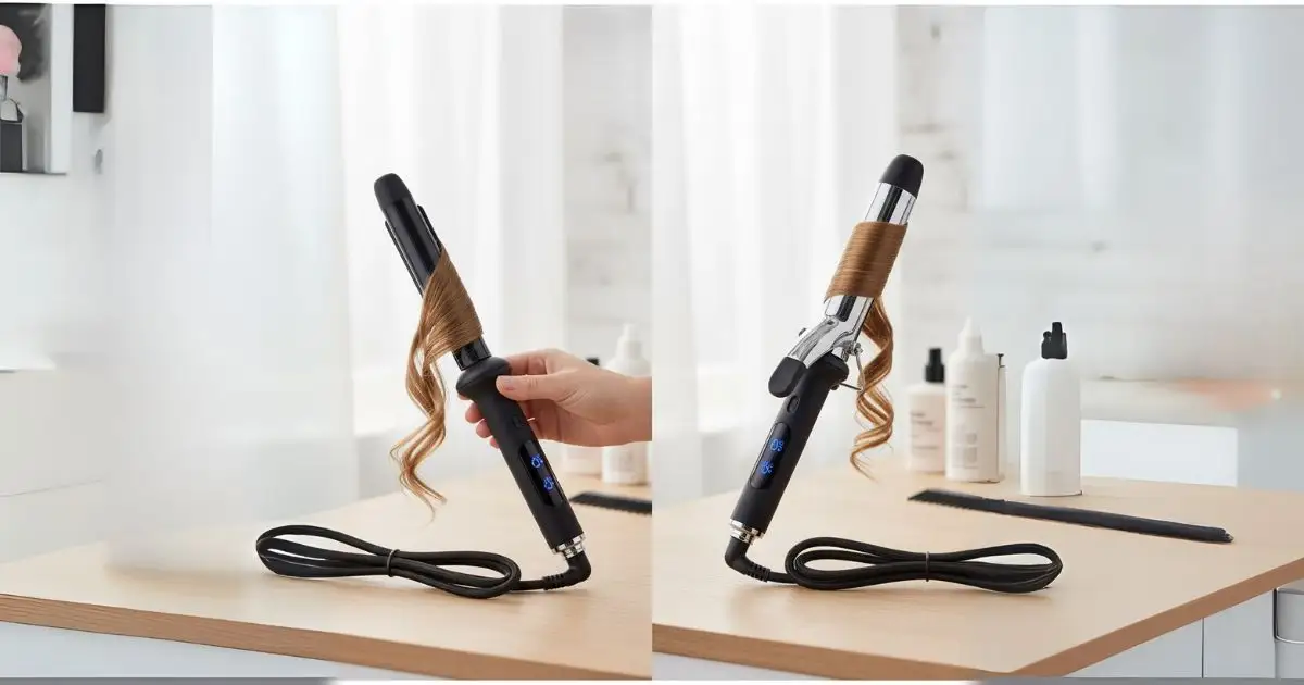 A split image showing two different hair styling tools on a wooden surface: on the left, a woman's hand holds a hair wand with a section of hair wrapped around it, and on the right, a traditional hair curler with a clamp also has hair wrapped around it. The image highlights the visual difference between the two curling products. - Curling wand VS Curling iron