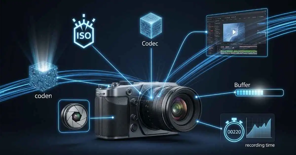 A high-tech diagram showing a modern high-speed camera in the center, with glowing lines connecting to abstract icons representing ISO, codecs, buffer size, and recording time.