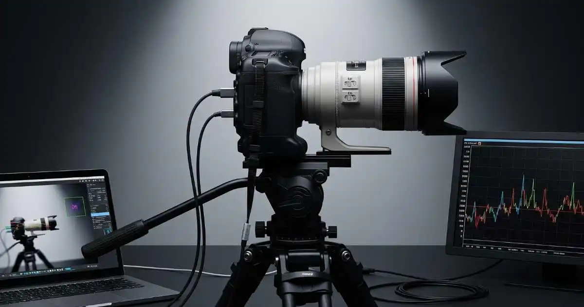 A high-speed DSLR camera with a large lens on a tripod, connected to a laptop and a monitor displaying technical graphs.