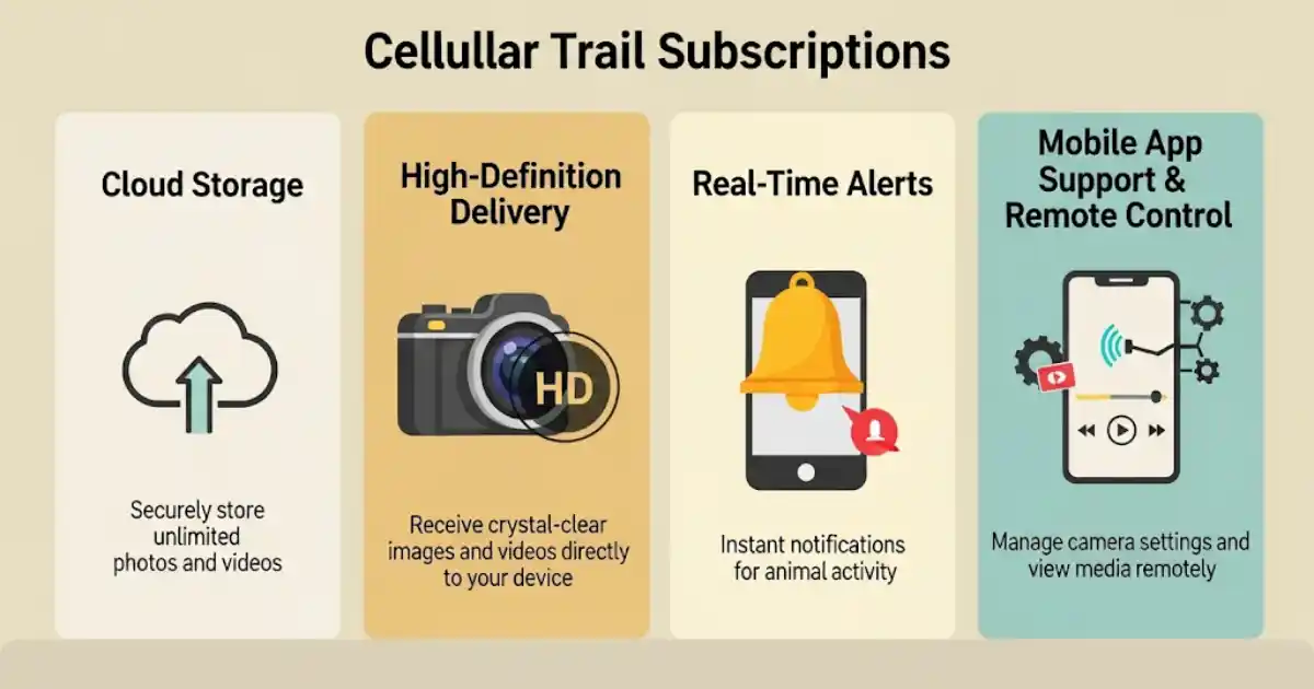 An infographic outlining the benefits of cellular trail camera subscriptions, including cloud storage, high-definition delivery, real-time alerts, and mobile app support with remote control.