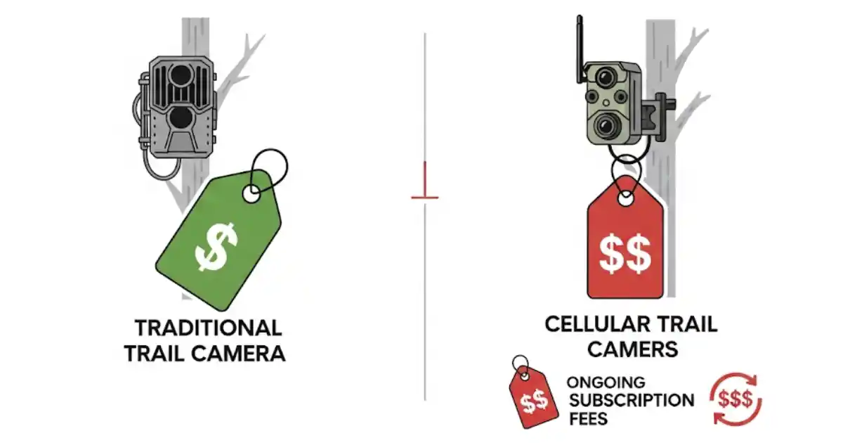 A simple illustration comparing the cost of a traditional trail camera and a cellular trail camera. A traditional camera has a single price tag ($), while a cellular camera has a higher initial price ($$) plus ongoing subscription fees ($$$).