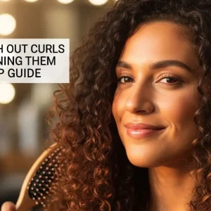 A beautiful woman with voluminous, dark curly hair holds a brush near her hair, looking thoughtfully to the side with a gentle smile. The title "HOW TO BRUSH OUT CURLS WITHOUT RUINING THEM - STEP BY STEP GUIDE" is overlaid on the image in a white box. The background is softly blurred with warm, bokeh lights.