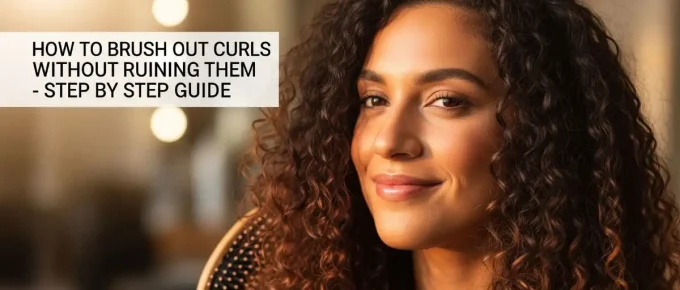 A beautiful woman with voluminous, dark curly hair holds a brush near her hair, looking thoughtfully to the side with a gentle smile. The title "HOW TO BRUSH OUT CURLS WITHOUT RUINING THEM - STEP BY STEP GUIDE" is overlaid on the image in a white box. The background is softly blurred with warm, bokeh lights.