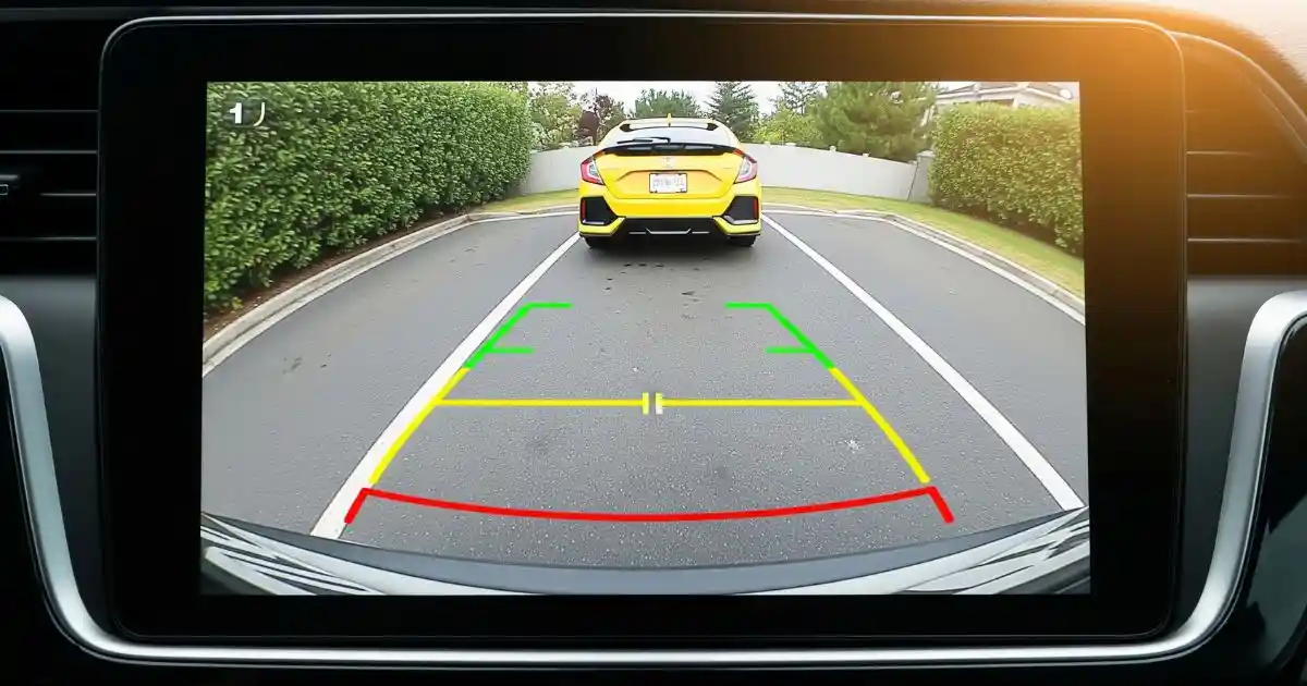 A wide-angle, live video feed from a car's backup camera is shown on a dashboard display. The screen has overlaid colored guidelines (green, yellow, and red) to help the driver park. The camera shows a yellow car parked in the distance.