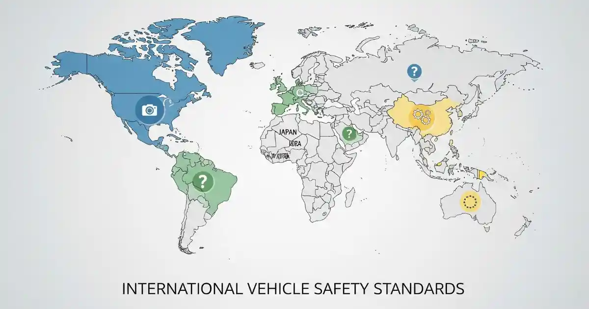 An infographic of a world map titled "International Vehicle Safety Standards," showing different countries with symbols for their backup camera laws.
