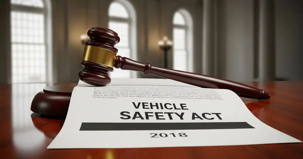 A symbolic image of a gavel and a legal document titled "Vehicle Safety Act 2018," representing the mandatory backup camera law.
