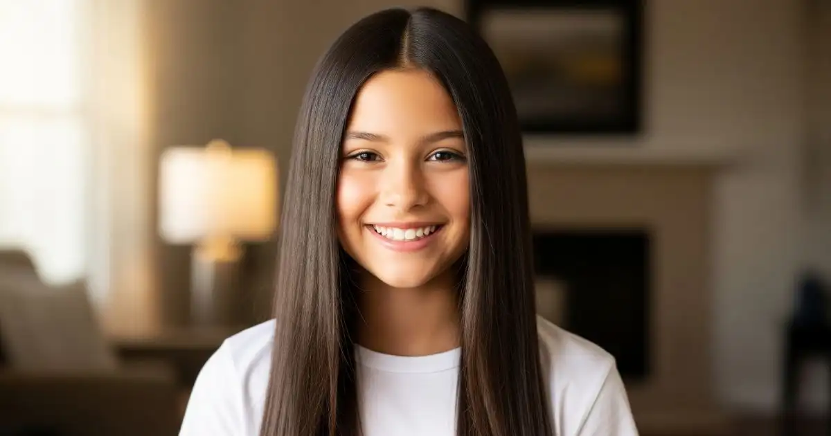 A happy and confident girl with shiny, straight hair that was previously curly. Her hair flows over her shoulders, and she is smiling at the camera in a warmly lit, indoor setting.