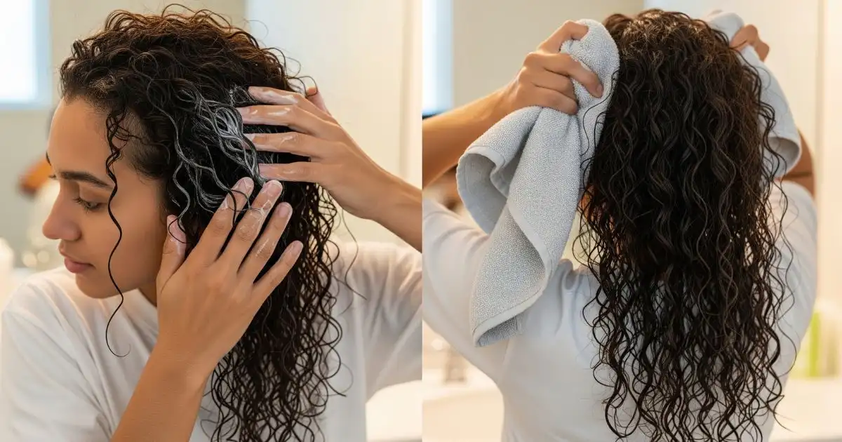 A two-panel image showing a person with curly hair after washing it. In the first panel, they are applying a product to their hair. In the second, they are using a microfiber towel to gently scrunch and dry their curls.