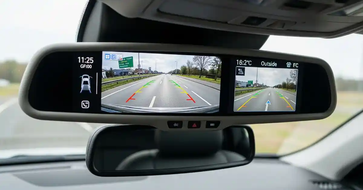 A smart rearview mirror is mounted over a car's standard mirror. The smart mirror's display shows a wide-angle video feed of the road behind the car, captured by a rear-facing camera.