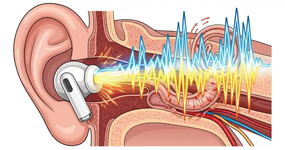 A detailed vector illustration of a human ear cross-section, with a wireless earbud sending high-energy sound waves that are stressing the inner ear structures.