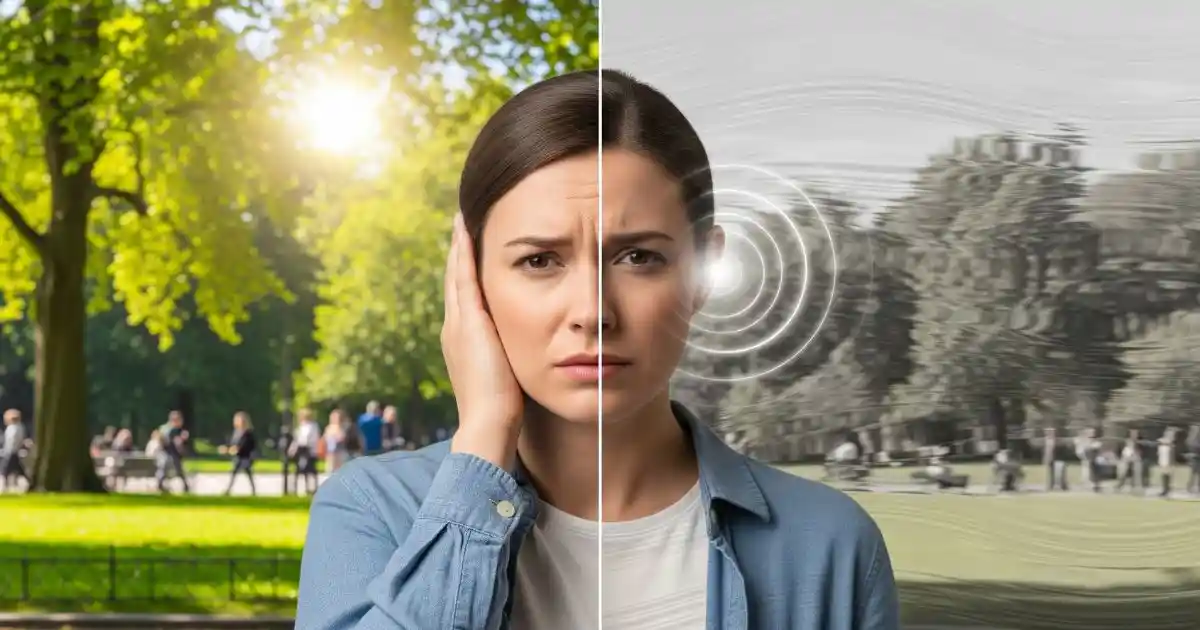 A split-screen image showing a woman in a vibrant, clear park on one side and a muted, distorted version of the same park on the other, with a ring of light around her ear, symbolizing tinnitus and hearing loss.