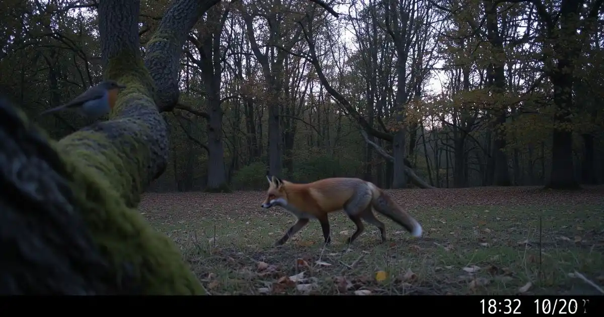 A trail camera captures a red fox walking across a forest clearing with a bird perched on a nearby tree branch, showcasing wildlife observation.