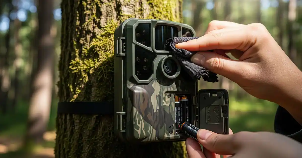 A close-up of a camouflage trail camera mounted on a tree, with a person cleaning the lens and changing the batteries in a forest setting.
