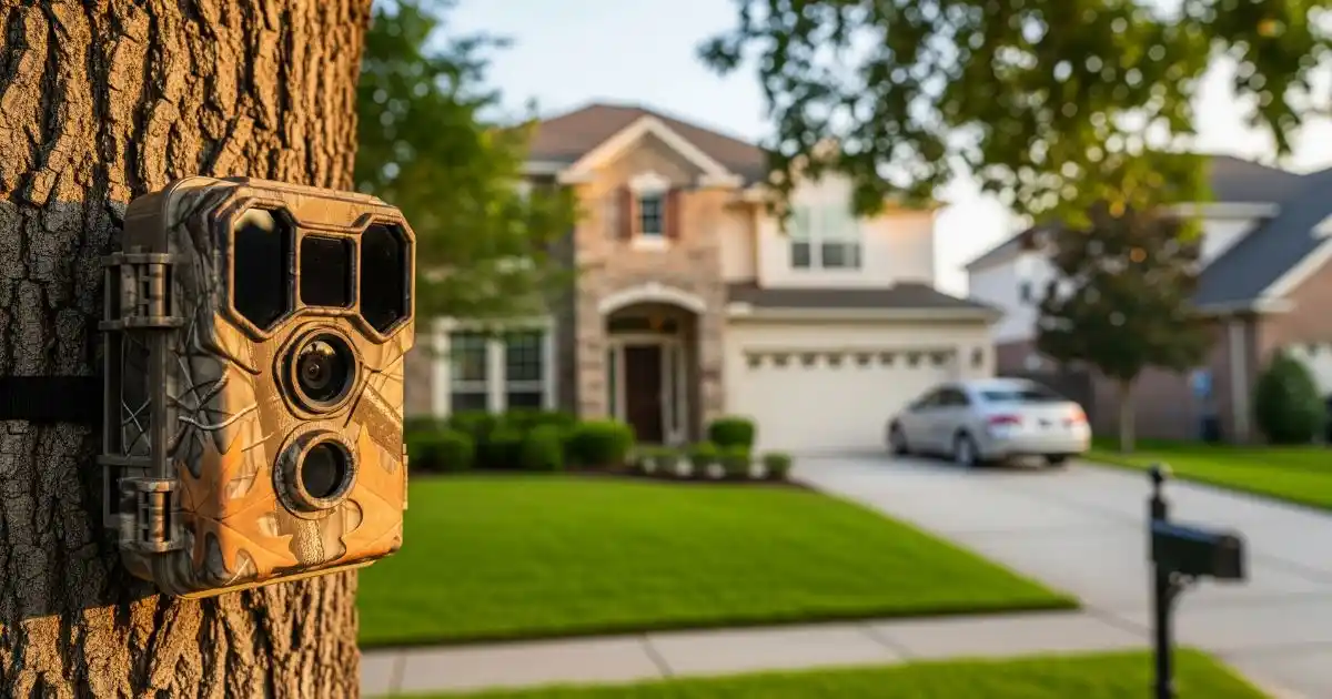 A motion-activated trail camera mounted on a tree, capturing a suburban home, providing security surveillance with camouflage design.