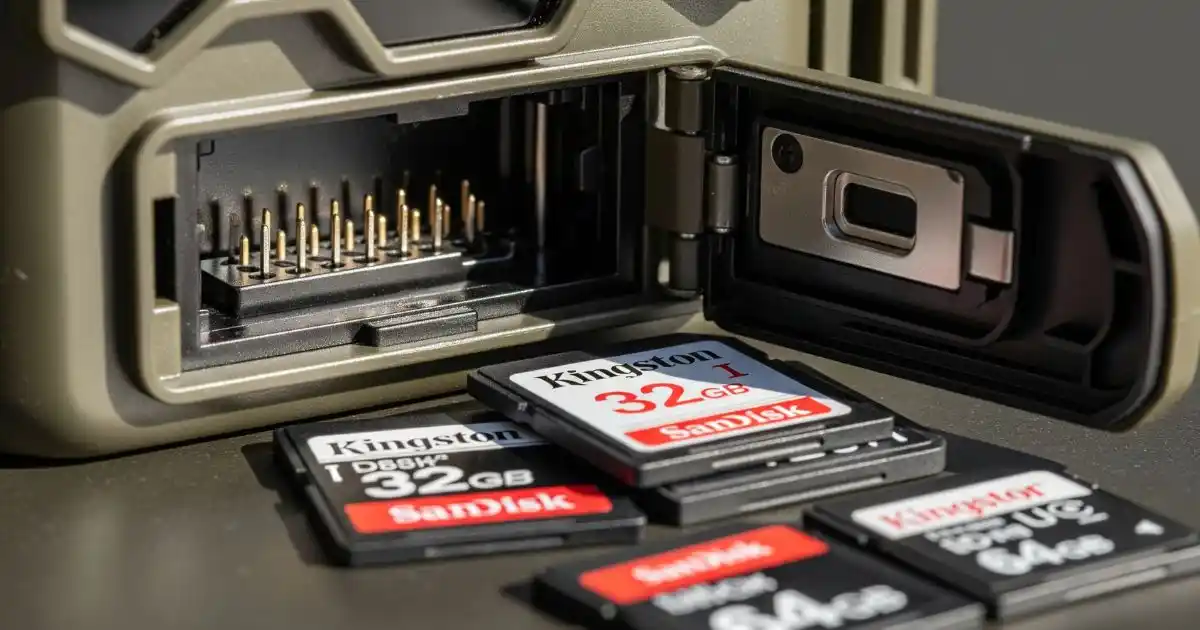 Close-up of a trail camera's SD card slot with several SD cards placed beside it, showcasing the components for memory storage.