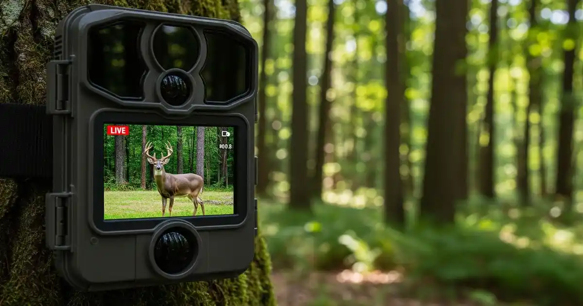 A trail camera mounted on a tree, displaying a live view of a white-tailed buck with impressive antlers on its screen, set against a lush forest background.