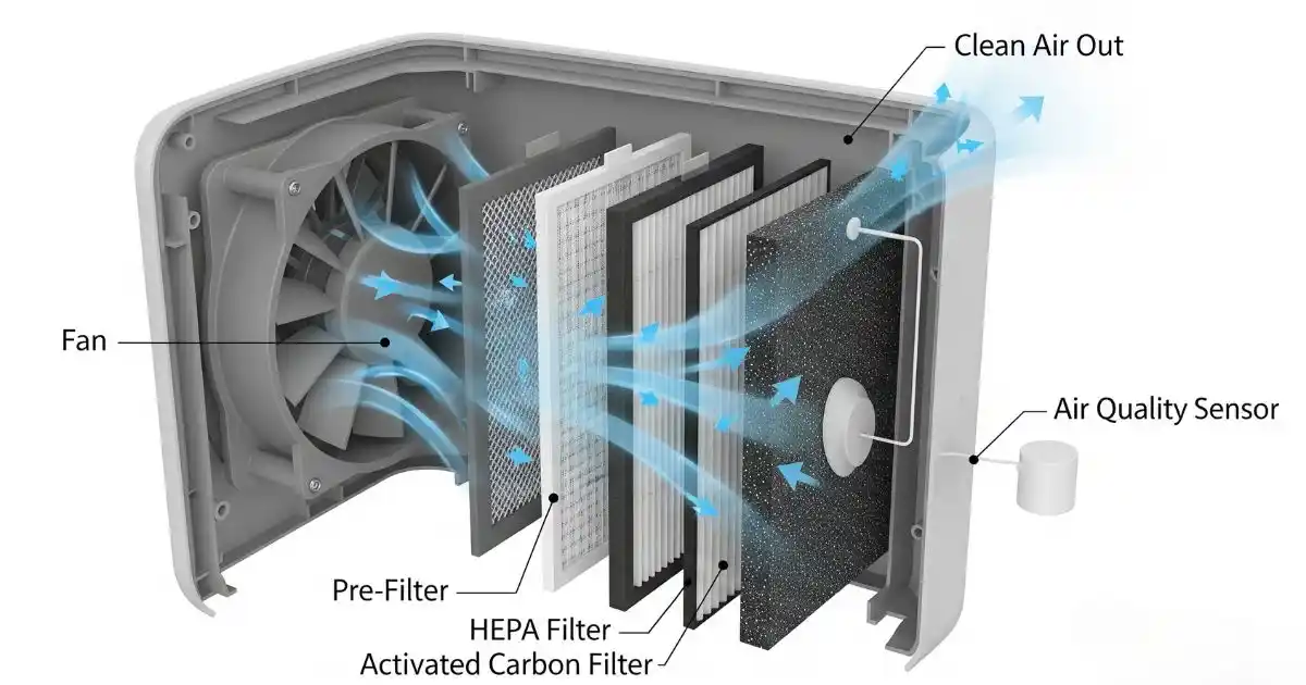 cross-section diagram showing how an air purifier works, with air flowing through a fan, pre-filter, HEPA filter, and activated carbon filter.