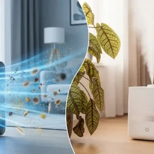 A split-screen image. On the left, an air purifier is shown pulling in airborne allergens like dust and pollen. On the right, a humidifier releases a visible mist to add moisture to dry air.