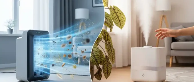 A split-screen image. On the left, an air purifier is shown pulling in airborne allergens like dust and pollen. On the right, a humidifier releases a visible mist to add moisture to dry air.