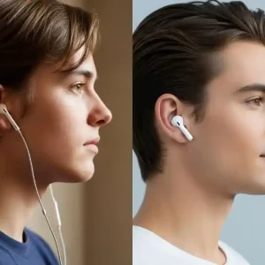 A split-screen image showing the evolution of earbud popularity. On the left, a person uses classic wired earbuds from the early 2000s. On the right, a person uses modern wireless earbuds, symbolizing the shift in technology and style. When Were Earbuds Invented
