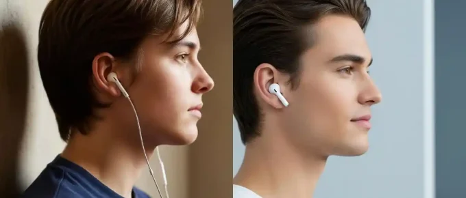 A split-screen image showing the evolution of earbud popularity. On the left, a person uses classic wired earbuds from the early 2000s. On the right, a person uses modern wireless earbuds, symbolizing the shift in technology and style. When Were Earbuds Invented
