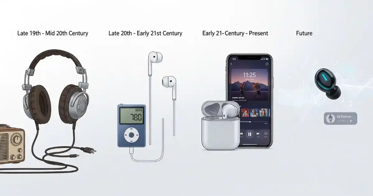 A timeline illustration depicting the evolution of audio devices. The first image on the far left shows a person using a bulky, vintage wired headphone connected to a large, old audio player. The next image shows a person using a wired earbud with a digital music player. The third image shows a person using a modern true wireless earbud with a smartphone. The final image on the far right shows a futuristic AI-powered earbud with glowing, holographic sound waves and a user interface.