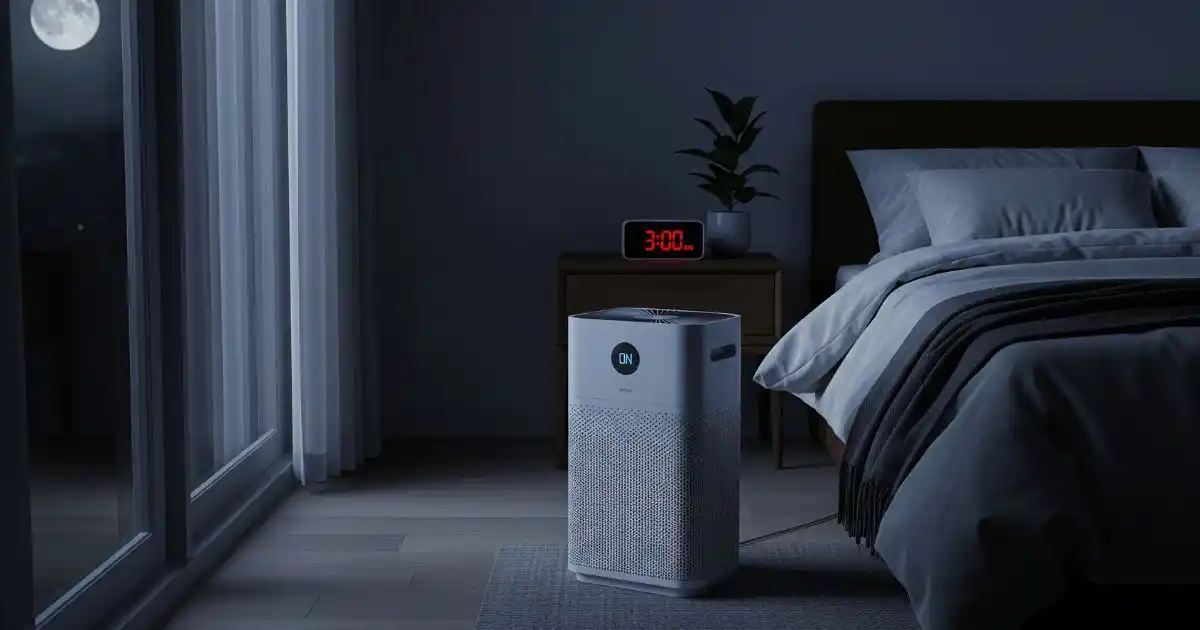 A quiet bedroom at night with a digital clock showing the time, and a highlighted air purifier running to illustrate continuous use.
